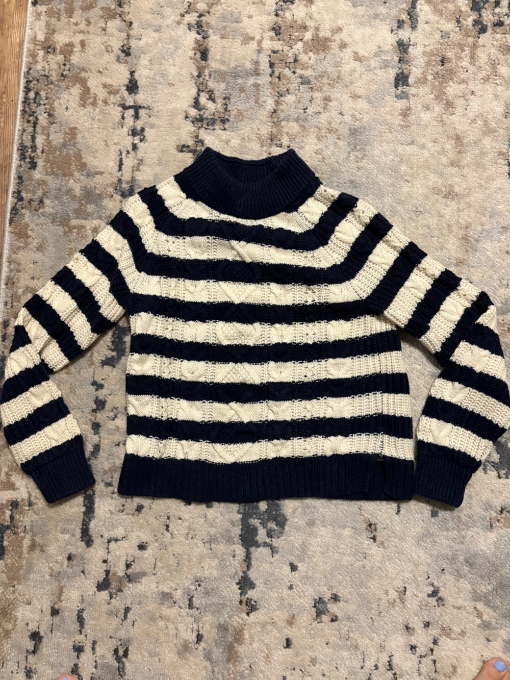 J. Crew Navy and Cream Striped Off-Shoulder Sweater